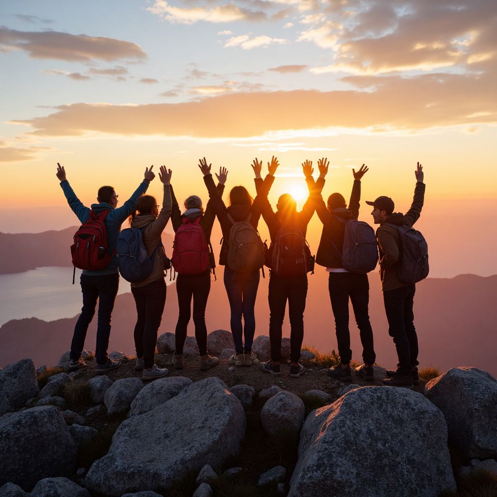 Team of travel guides celebrating on a mountain summit