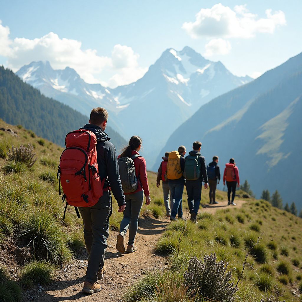 Group hiking through mountains with local guide