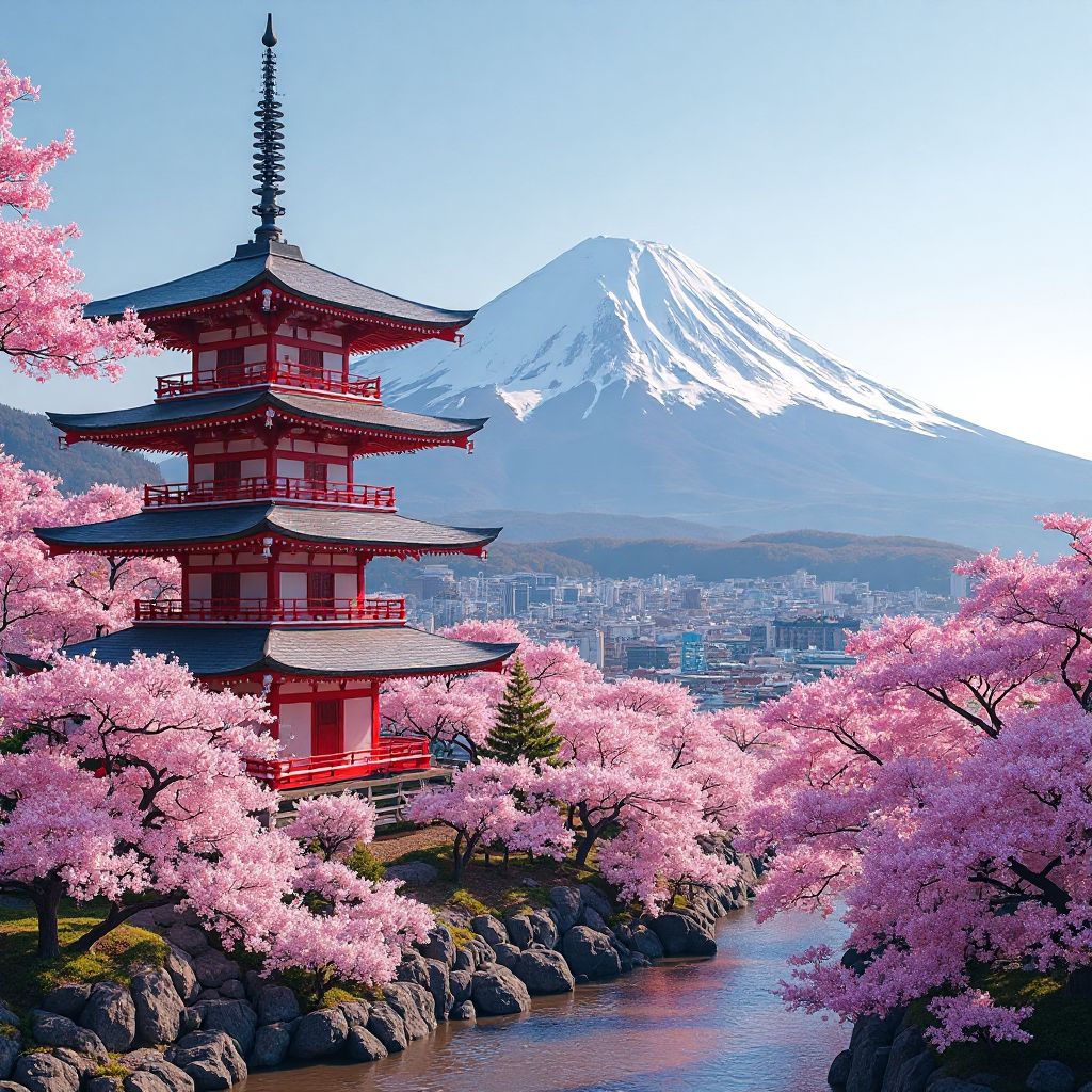 Japanese cherry blossoms with pagoda